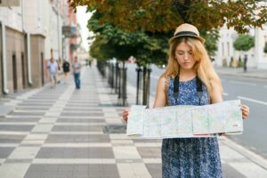 woman traveler lost in foreign city