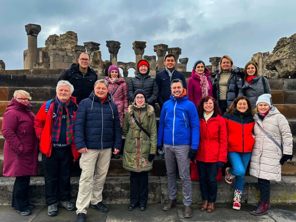 A group of WFTGA trainers and course participants at the ruins of Zvartnots, Armenia