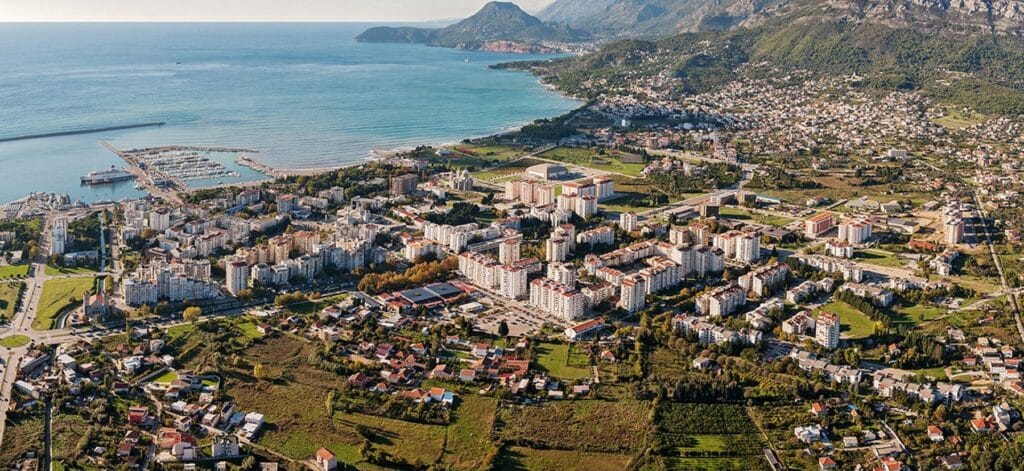 Bar, Montenegro: aerial view of the town and the Adriatic coast